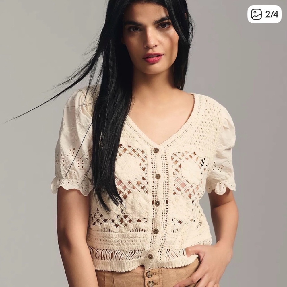 Anthropologie NVLT Crochet Button-Front V-Neck Top in Cream